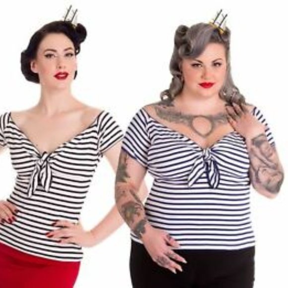 Hell Bunny Nautical Striped Sailor Vintage Top 3x - Picture 2 of 4